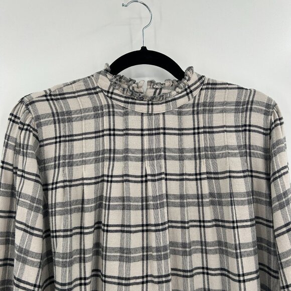 RAILS Black Ivory Plaid Ruffle Sleeve High Neck Pleated Flannel Blouse Small - Picture 4 of 8